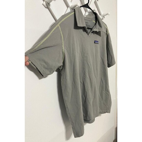 Patagonia Men's Polo Large Gray Shirt Organic Cotton Yellow Stitch Trim V Neck - Picture 3 of 9